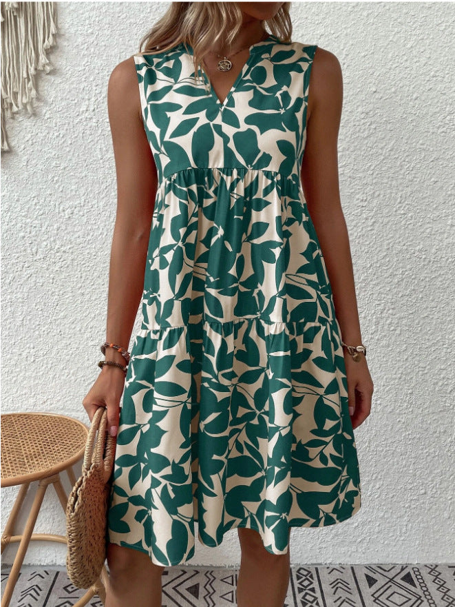 Vestido bohemio informal de vacaciones para mujer, holgado, con escote en V, plisado, estampado floral, sin mangas