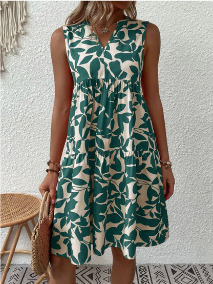 Vestido bohemio informal de vacaciones para mujer, holgado, con escote en V, plisado, estampado floral, sin mangas