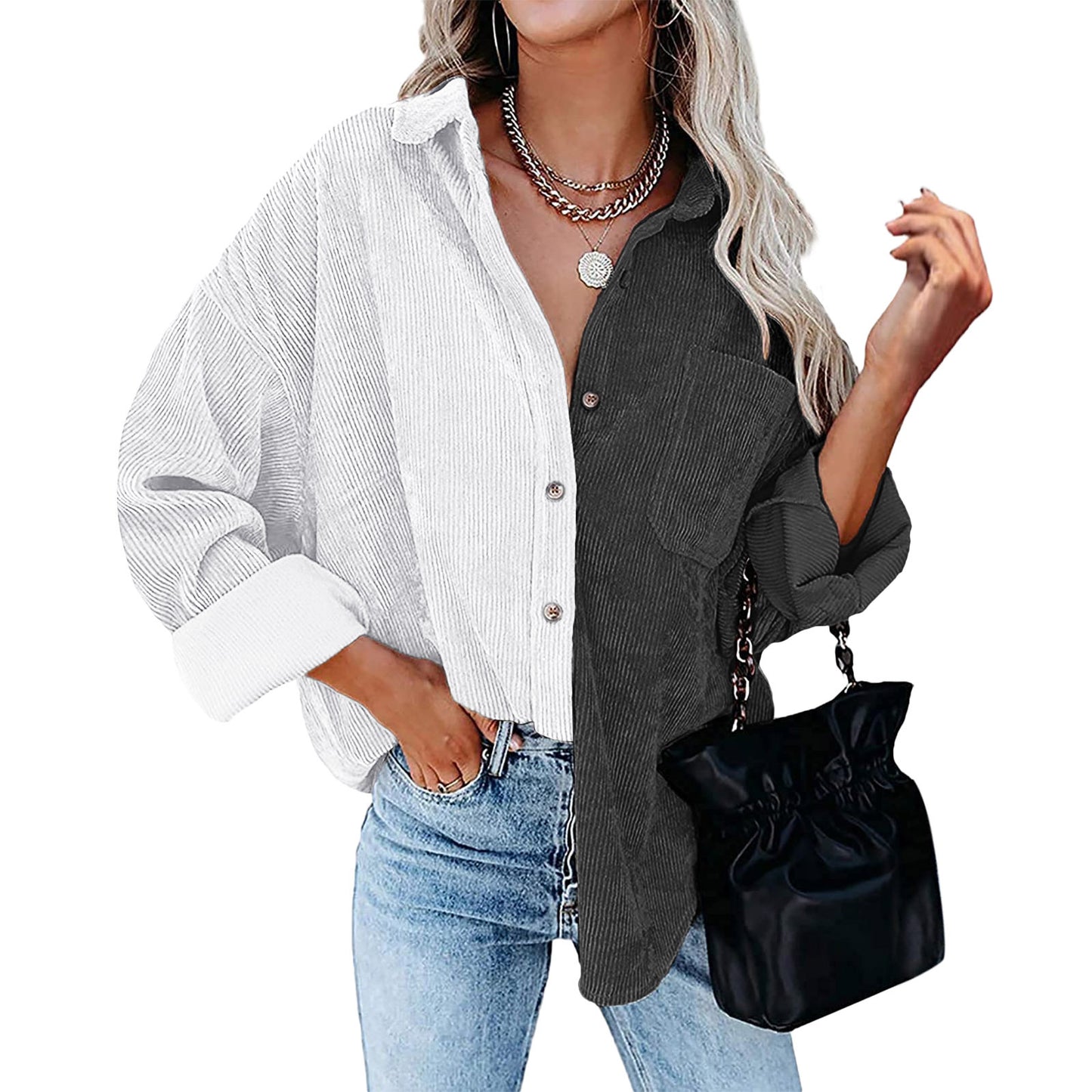 Blusa informal de manga larga con solapa y botones para mujer, con diseño de patchwork y bloqueo de color