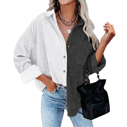 Blusa informal de manga larga con solapa y botones para mujer, con diseño de patchwork y bloqueo de color
