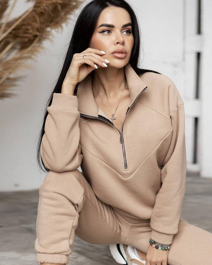 Conjunto de dos piezas de jersey deportivo informal con capucha y manga larga de color liso para mujer