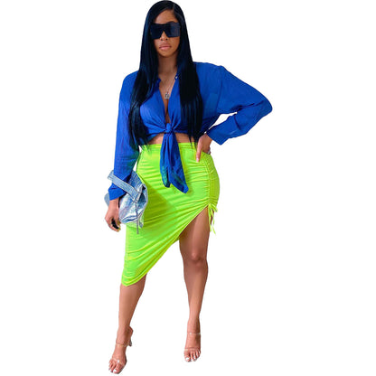 Women Solid Color Irregular Drawstring Casual Slim Skirt