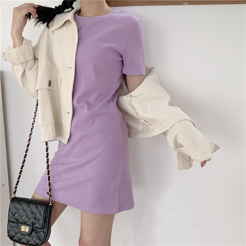 Women Fashion Casual Solid Color Slim-Fit Short Sleeve Dress
