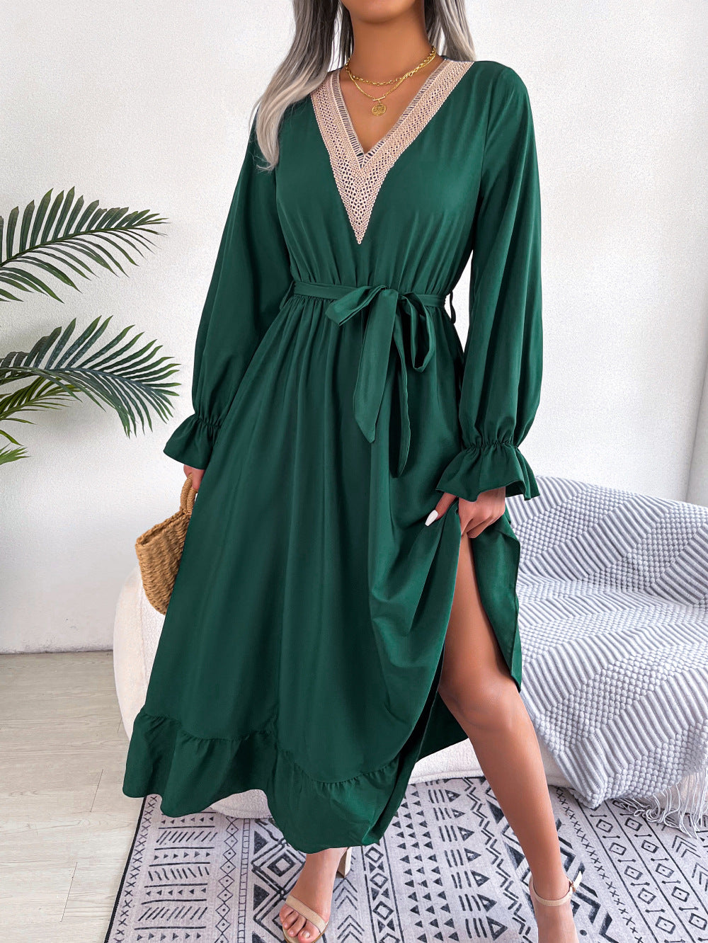 Women Fashion Casual V-Neck Lace Defined Waist Ruffled Dress