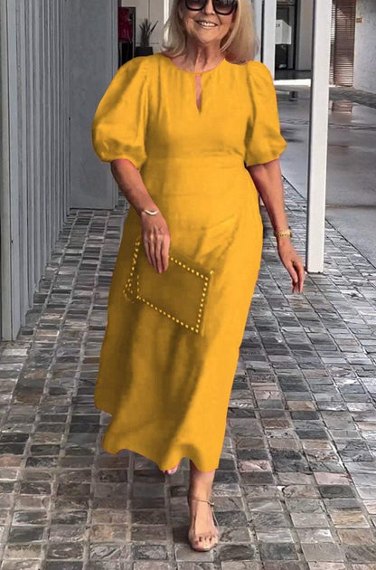 Plus Size Women Summer Solid Color Casual Crewneck Puff Sleeve Maxi Dress
