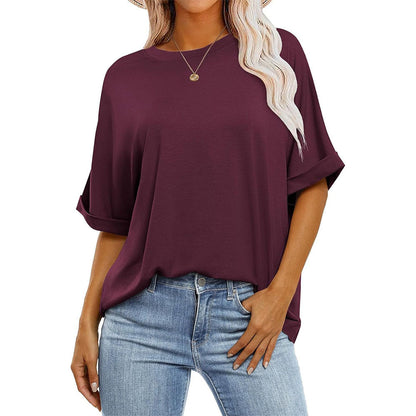 Women Casual Loose Solid Color Round Neck Short-Sleeve T-Shirt