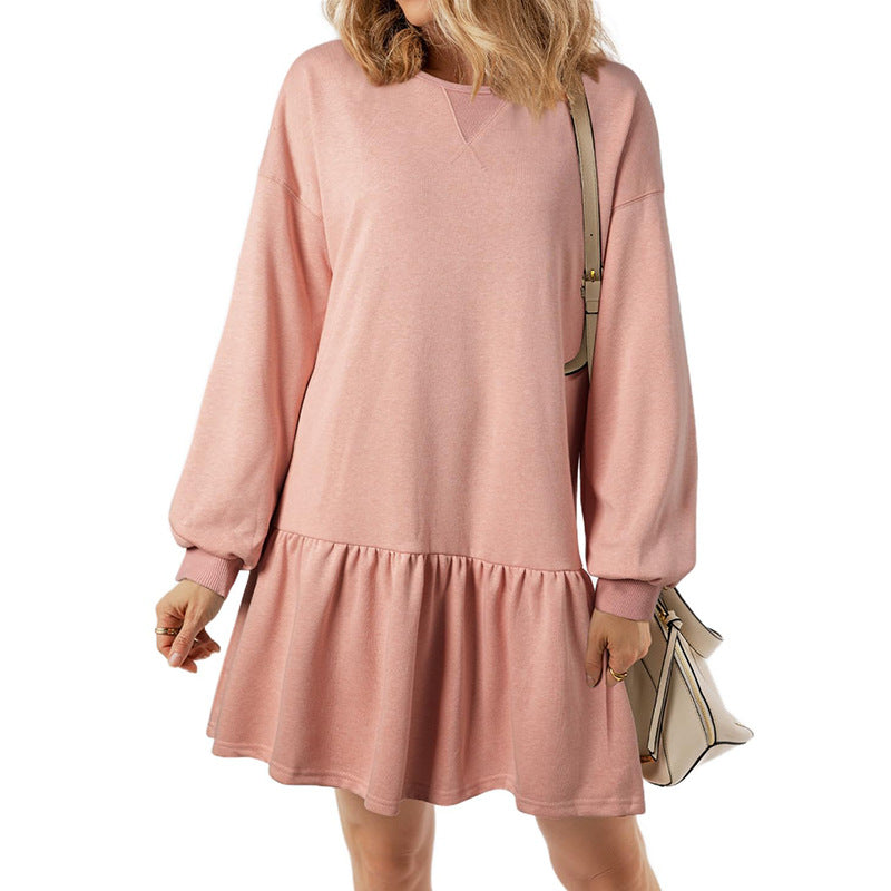 Vestido mini informal de manga larga con cuello redondo y color liso para mujer