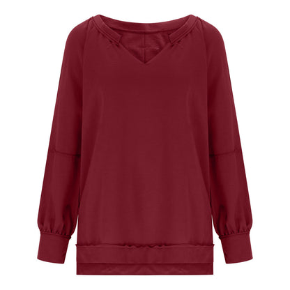 Camiseta informal holgada de manga larga con cuello en V y estampado irregular para mujer