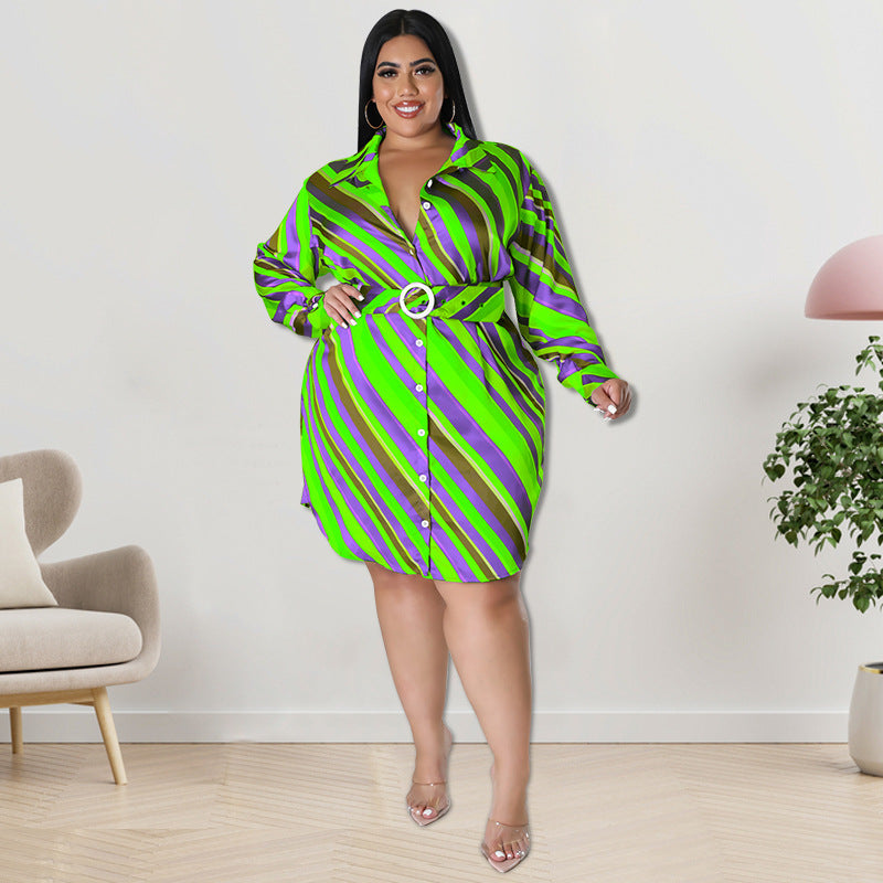 Plus Size Women Casual Autumn Long-Sleeved Diagonal Stripe Shirt Dress