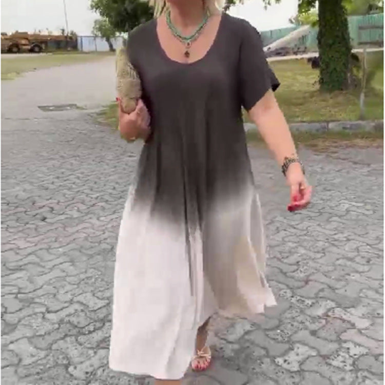 Summer Women Fashion Casual Plus Size Gradient Round Neck Short Sleeve Dress