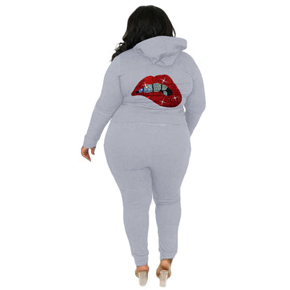Conjunto informal de dos piezas con top y pantalones de manga larga con estampado de labios y diamantes de imitación para mujer