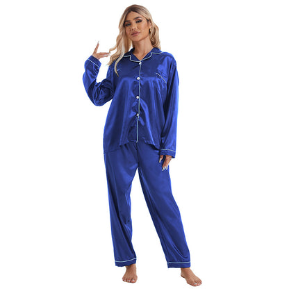 Conjunto de pijama de manga larga de seda helada con solapa informal y sencillo para mujer