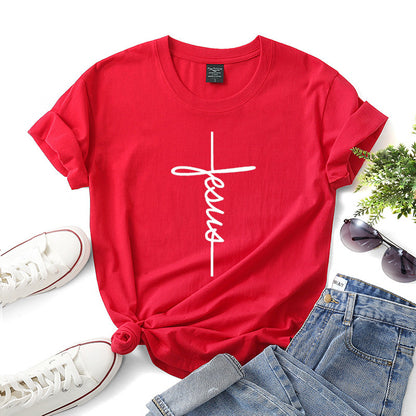 Peace Women Casual Letter Faith Print Short-sleeved Round Neck Loose Colored T-shirt