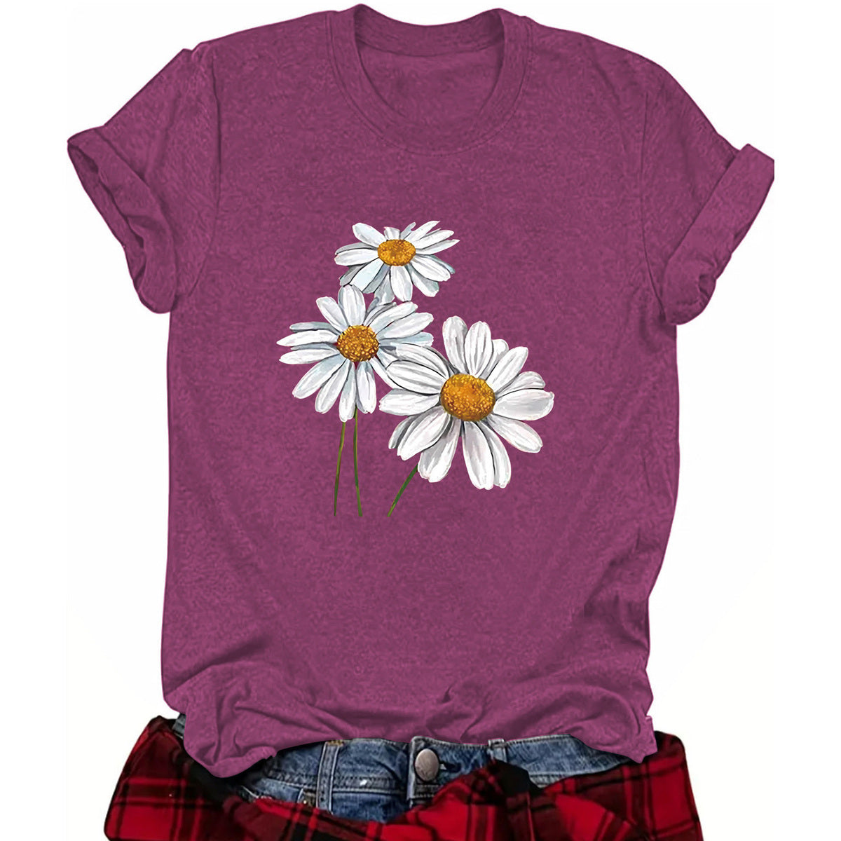 Camiseta informal de manga corta con cuello redondo y estampado de flores para mujer