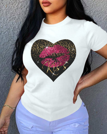 Camiseta informal holgada de algodón con cuello redondo, manga corta y estampado de corazón para mujer, talla grande