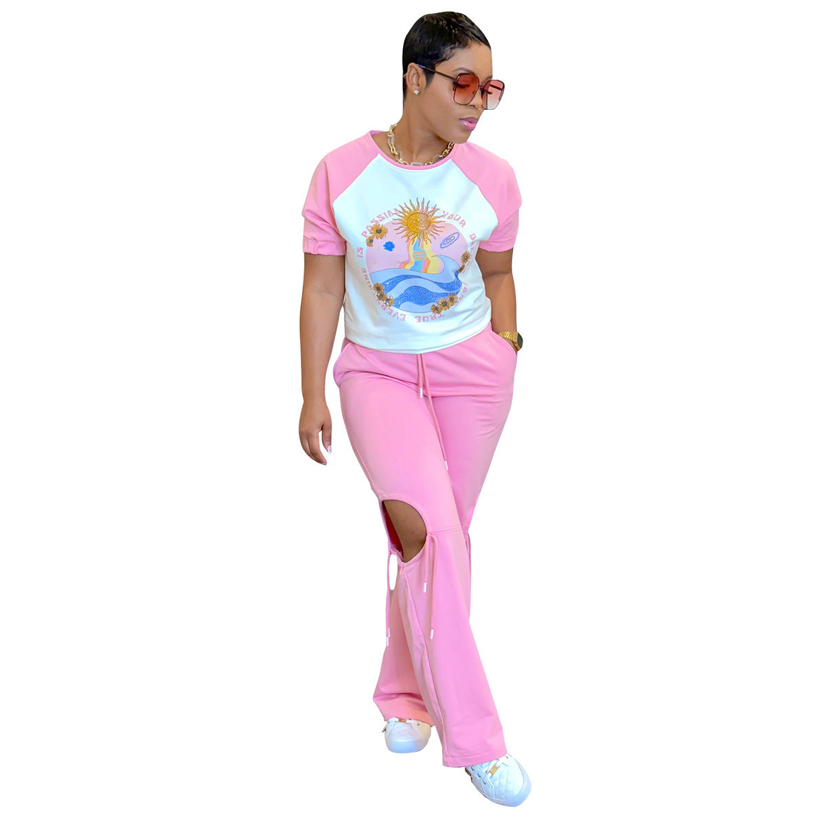 Conjunto de dos piezas para mujer, informal, con estampado, cuello redondo, manga corta, pantalones con abertura lateral