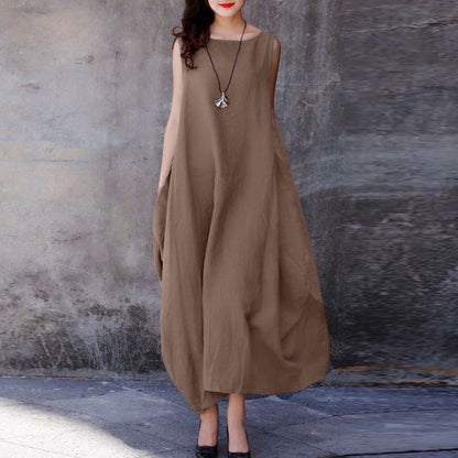Women Plus Size Casual Loose Round Neck Sleeveless Side Large Ruched Pocket Dress