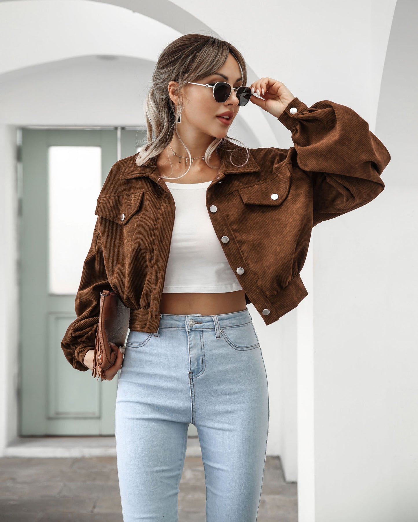 Women Fashion Casual Solid Color Corduroy Single-Breasted Sleeve Lantern Jacket