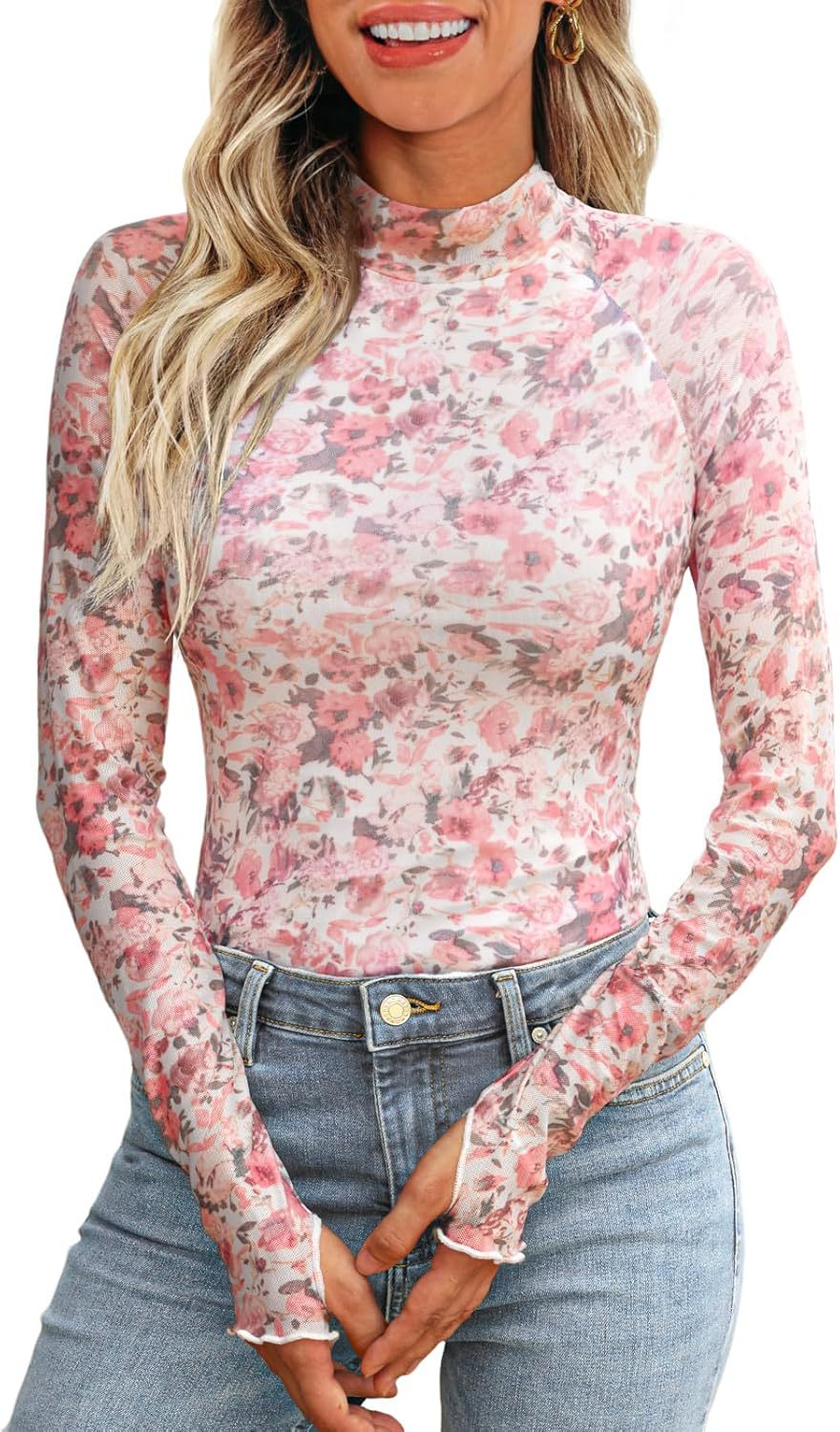 Blusa informal de manga larga con encaje y estampado floral para mujer