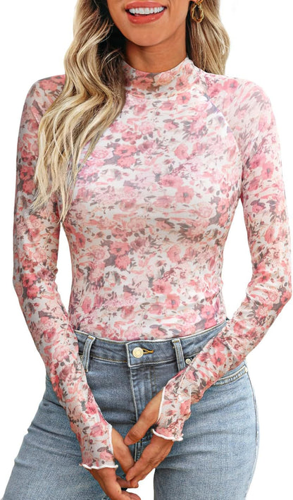Blusa informal de manga larga con encaje y estampado floral para mujer