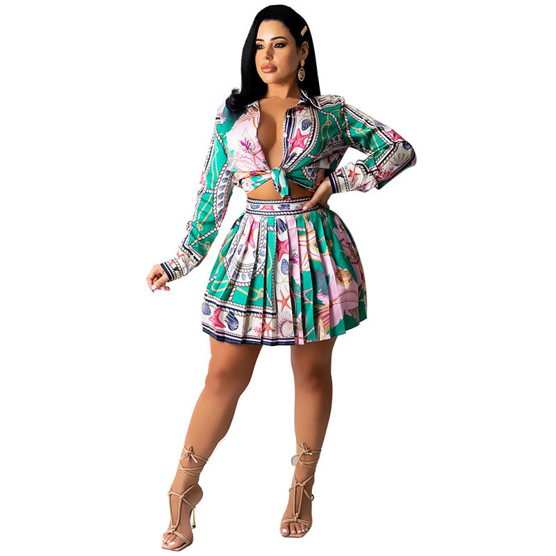 Conjunto de dos piezas para mujer, informal, con estampado floral geométrico, manga larga, con cordones y falda plisada