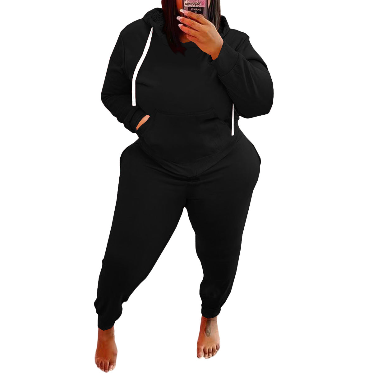 Conjunto de dos piezas con sudadera y pantalones de color liso para mujer, informal, de talla grande