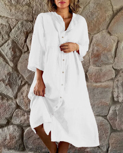 Casual Women Cotton Linen Solid Color Button Shirt Dress