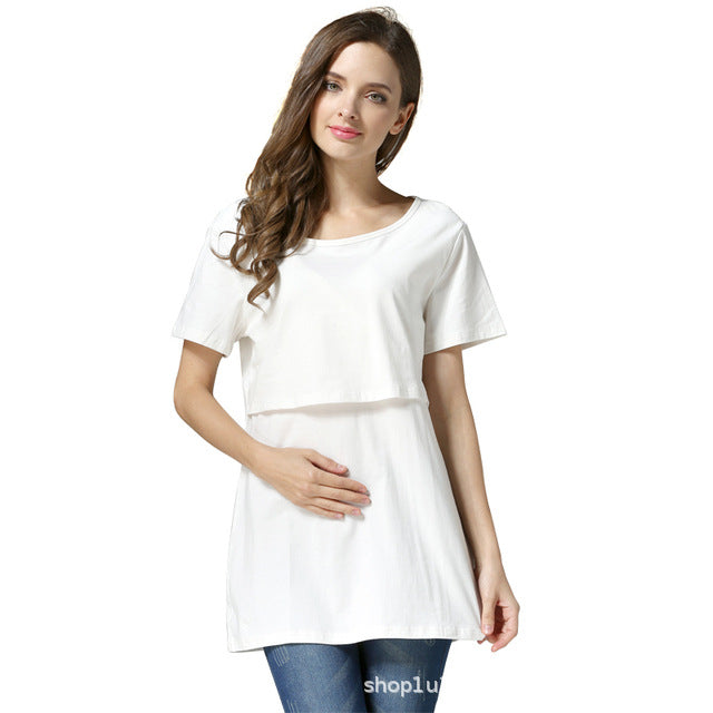 Camiseta de lactancia de color liso, informal, de manga corta, para embarazadas