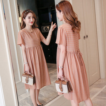 Pregnant Women Fashion Casual Stripe Lapel Short-Sleeve Lace-Up Loose Dress