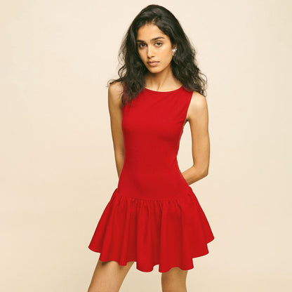 Women Fashion Casual Solid Color Round Neck Sleeveless Stitching Dress