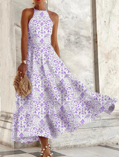 Vestido largo informal sin mangas con cuello halter y estampado floral chino vintage para mujer
