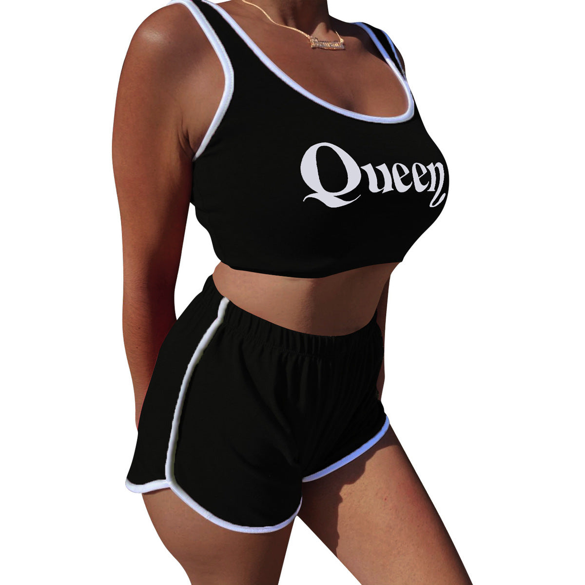 Women Casual Solid Color Letter Printed Tank Top Tight Shorts Sports Two-Piece Set