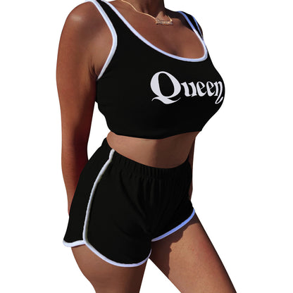 Women Casual Solid Color Letter Printed Tank Top Tight Shorts Sports Two-Piece Set