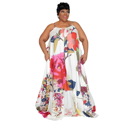 Women Plus Size Casual Loose Floral Leopard Print Spaghetti Strap Maxi Dress