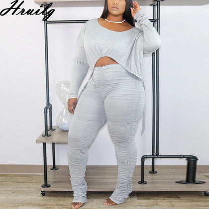 Conjunto de dos piezas de ropa informal para mujer, con top corto de manga larga y pantalones largos fruncidos, color liso