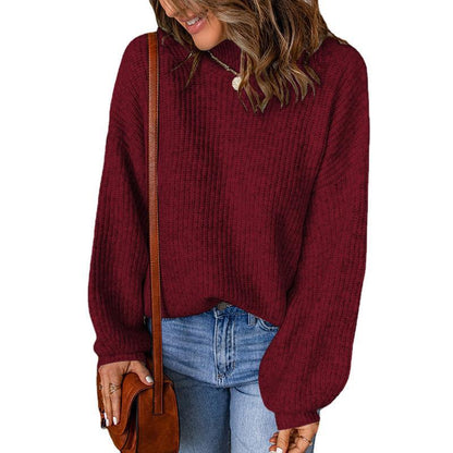 Suéter informal holgado de punto con cuello alto y mangas abullonadas de color liso para mujer de invierno
