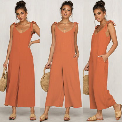 Women Fashion Casual Solid Color V-Neck Sleeveless Backless Lace-Up Jumpsuit