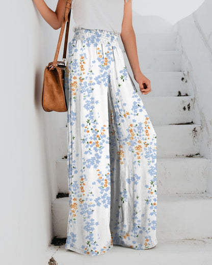 Pantalones anchos con cintura elástica y estampado floral informal para mujer