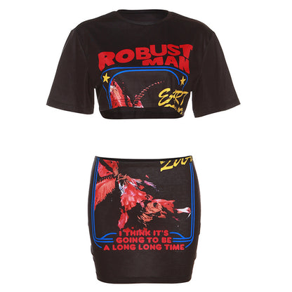 Fashion Women'S Round Neck Casual Letter Print Cropped T-Shirt High Waist Tight Skirt Set