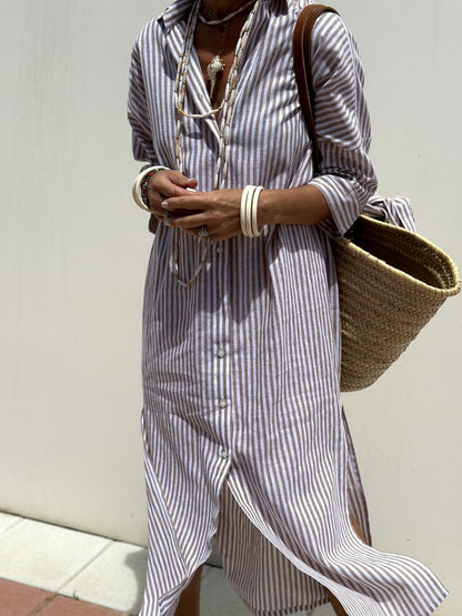 Women Fashion Casual Stripe Diamond Print Long Sleeve Shirt Dress