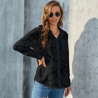 Blusa informal de gasa holgada con estampado floral y solapa de manga larga para mujer