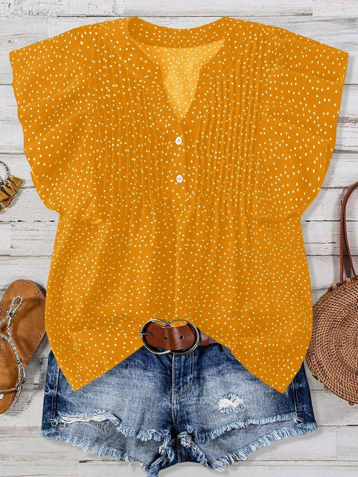 Blusa informal sin mangas con cuello en V y estampado de lunares plisados de color liso para mujer