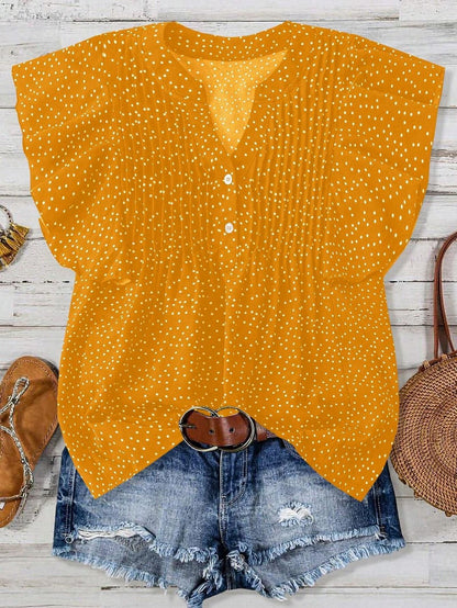 Blusa informal sin mangas con cuello en V y estampado de lunares plisados de color liso para mujer