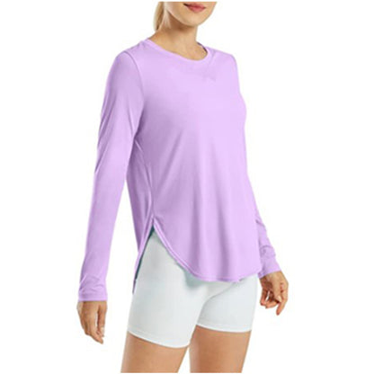 Camiseta informal holgada de manga larga con cuello redondo y color liso para mujer