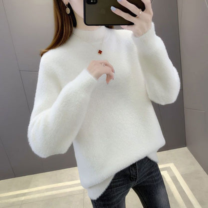 Suéter de felpa grueso y suelto con cuello medio alto de color liso informal a la moda para mujer