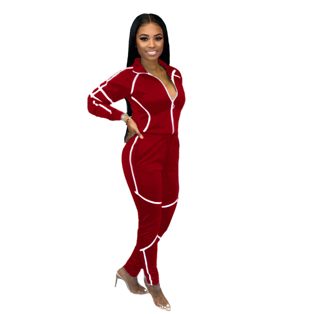 Autumn And Winter Women Long-Sleeved Splicing Solid Color Casual Sports Sets