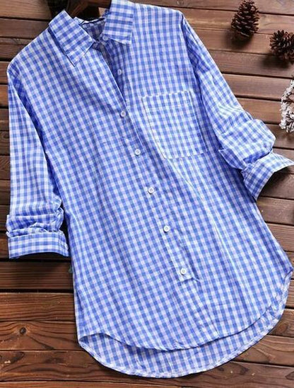 Blusa informal de manga larga con solapa a cuadros y botonadura sencilla para mujer