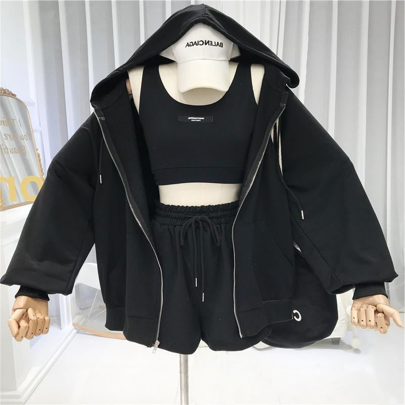 Women Fashion Casual Solid Color Tank Top Long Sleeve Zipper Hoodies Defined Waist Drawstring Shorts 3pcs Set