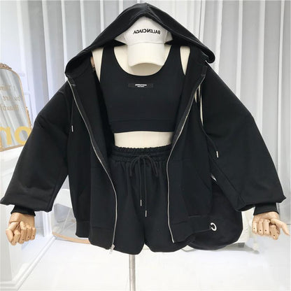 Women Fashion Casual Solid Color Tank Top Long Sleeve Zipper Hoodies Defined Waist Drawstring Shorts 3pcs Set