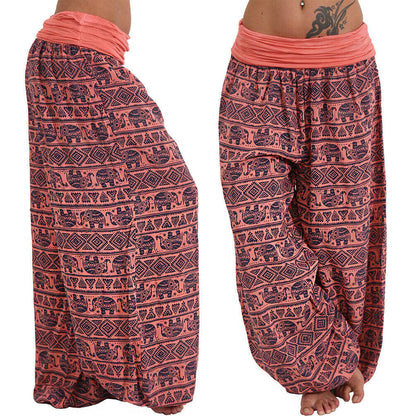 Women Casual Loose Printed High Waist Plus Size Wide Leg Pants